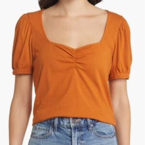 Treasure & Bond Ruched Detail Organic Cotton Blend Top | Rust Leather Orange | S